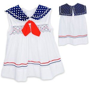 Vintage Polly Flinders Polka Dot Sailor Collar Ric Rac Smocked Dress 3T - 4T
